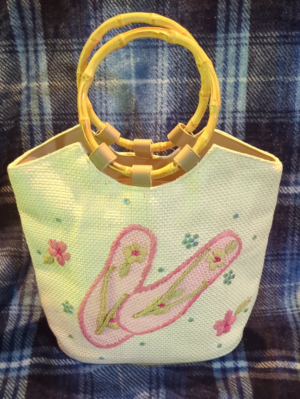Embroidered Straw Tote with Yellow Bamboo Handles